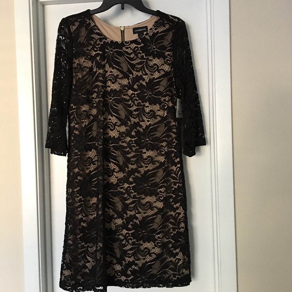 Lace Overlay Shift Dress in Black and Nude - Lauren Ralph Lauren